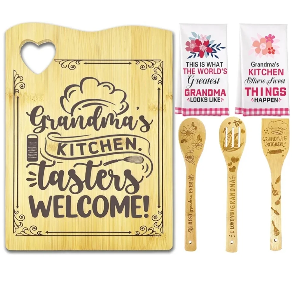 Gift for Grandma Cutting Board with Towels and Utensils - NIB